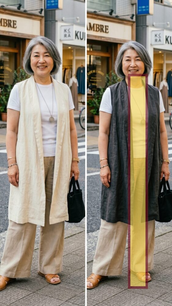 60代の－5kg見え！夏コーデ　ジレのIライン効果