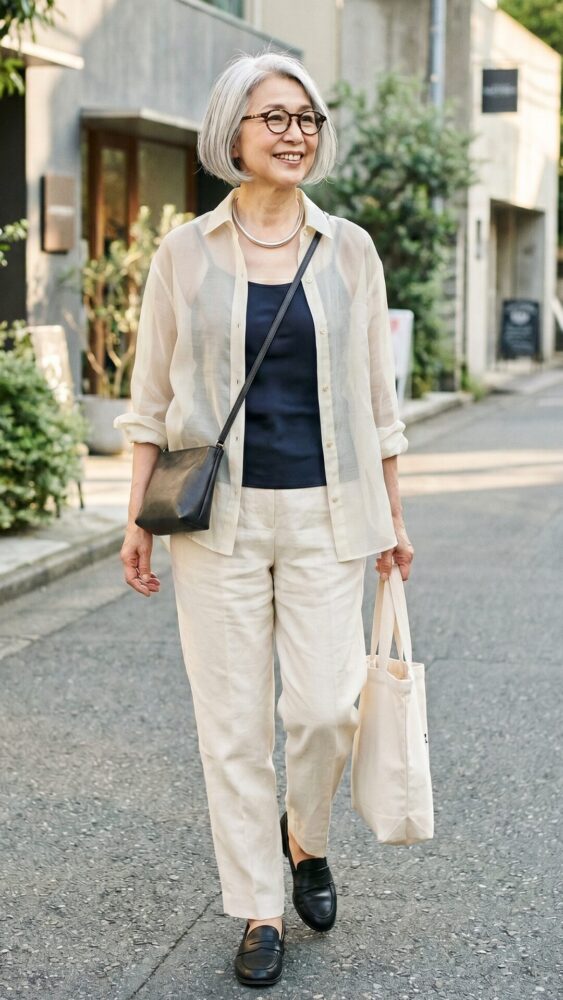 60代の－5kg見え！夏コーデ　シアーシャツ
