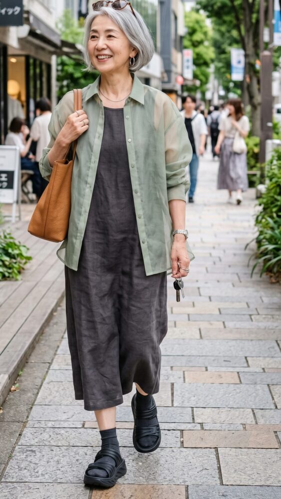 60代の－5kg見え！夏コーデ　シアーシャツ