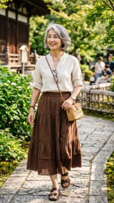 60代女性　ミモレ丈のティアードスカート