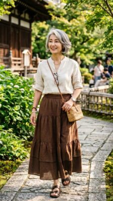 60代女性　マキシ丈のティアードスカート
