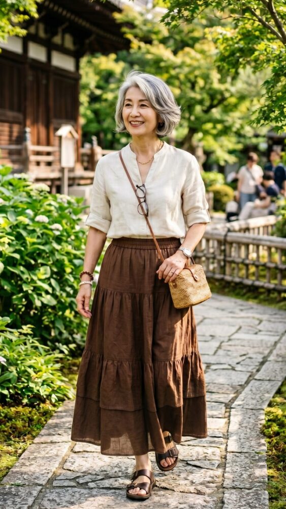 60代　シャツとティアードスカートのコーデ