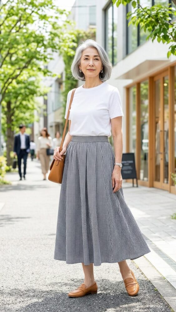 細かいギンガムチェックの大人コーデ