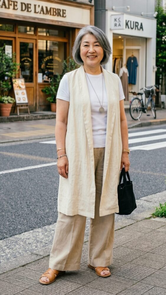 60代の－5kg見え！夏コーデ　ジレコーデ　ライトカラー　