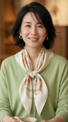 アイボリーのスカーフの60代女性