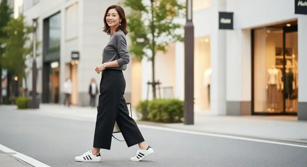 黒ワイドパンツコーデはスニーカーで外す