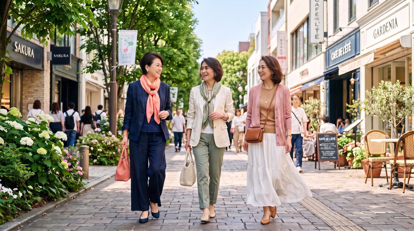 洋服とバッグを持つ3人のおしゃれな日本人女性が微笑んでいる写真。(※イメージ・AI生成)