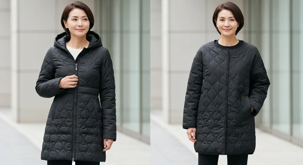 キルティングコートが古く見えるデザインの特徴