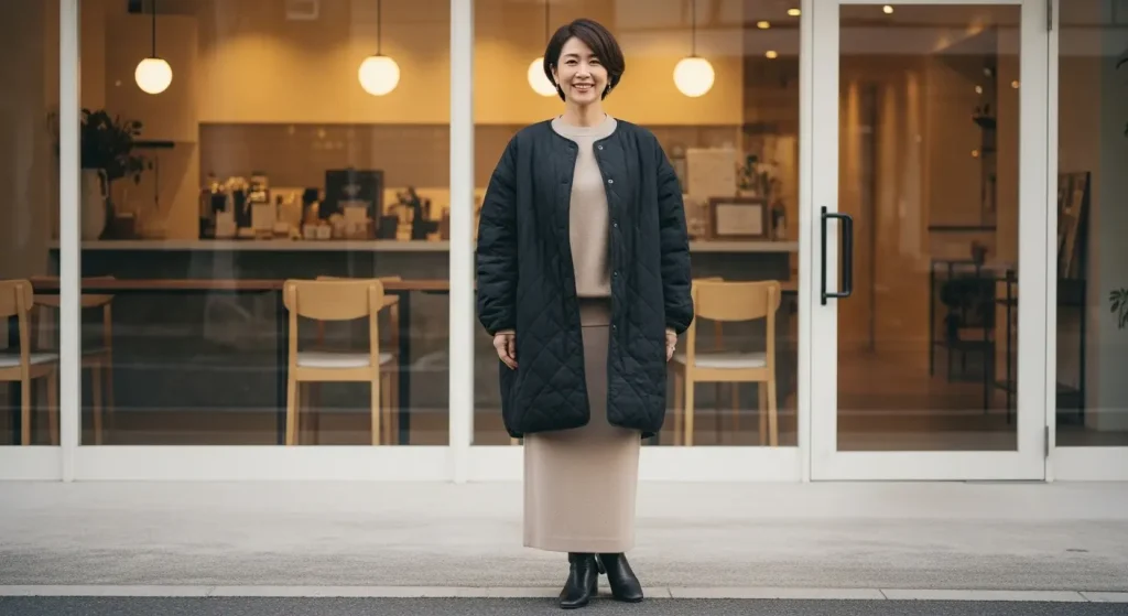 キルティングコートのお洒落なコーディネート　スカートで女性らしく着こなす