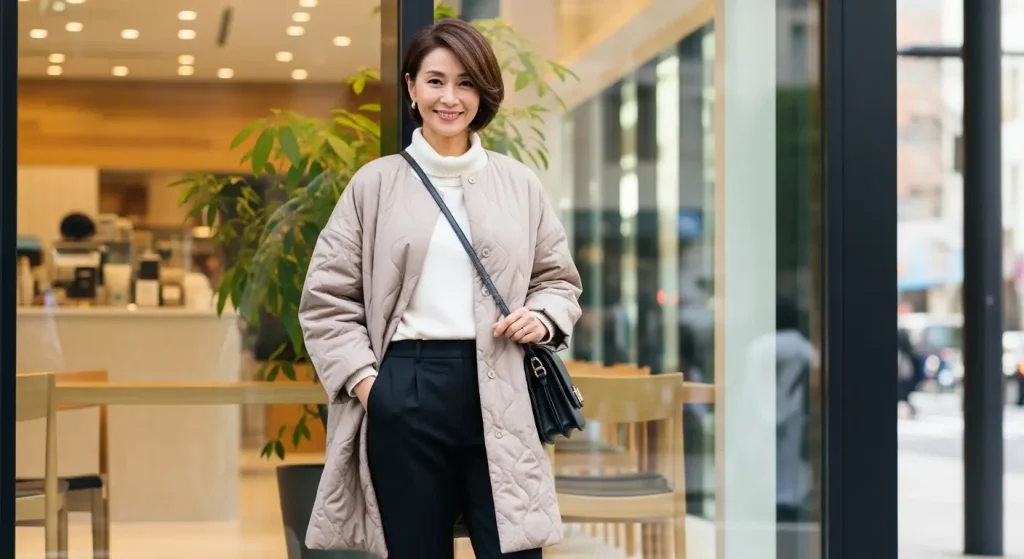 キルティングコートのお洒落なコーディネート　パンツ合わせの成功法則