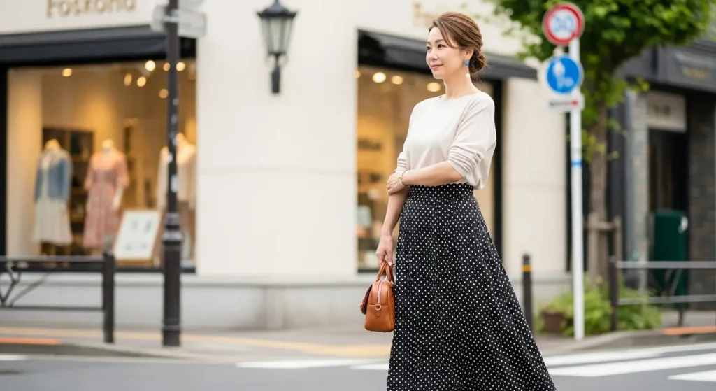 40代・50代「ドット柄は痛い」の誤解!最重要!「広がりすぎない」シルエット