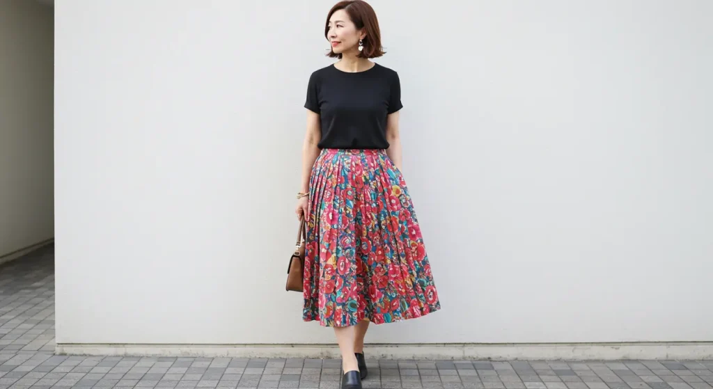 40代・50代でも花柄スカート・ブラウスが好き!「痛い」を回避するポイント 柄スカートコーデはシンプルなトップスが鉄則