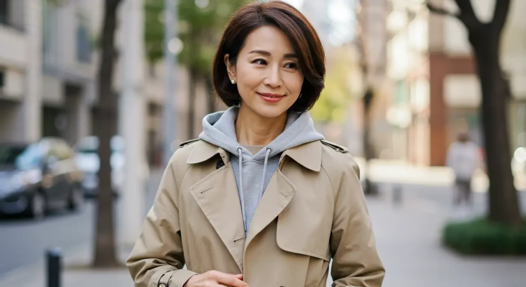 50代のパーカーコーデ　アウターとのレイヤードを楽しむ着こなし