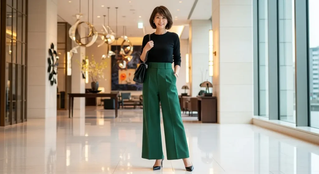 40代・50代におすすめのワイドパンツと似合うトップス＆靴のコーデ　パンプス・ヒールで叶える脚長効果