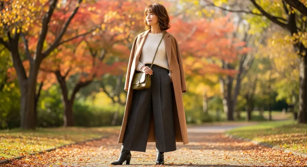 40代・50代におすすめのワイドパンツと似合うトップス＆靴のコーデ　季節感をプラスするブーツの合わせ方