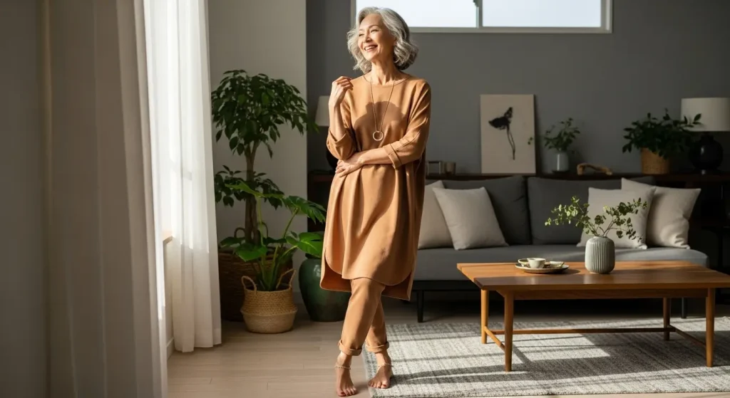60代のチュニックコーデ。野暮ったさ解消の着こなし