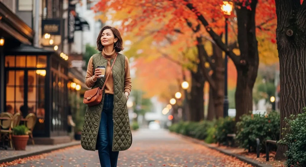 40代・50代秋のコート・羽織りおすすめコーデ　ジレとショート丈コート