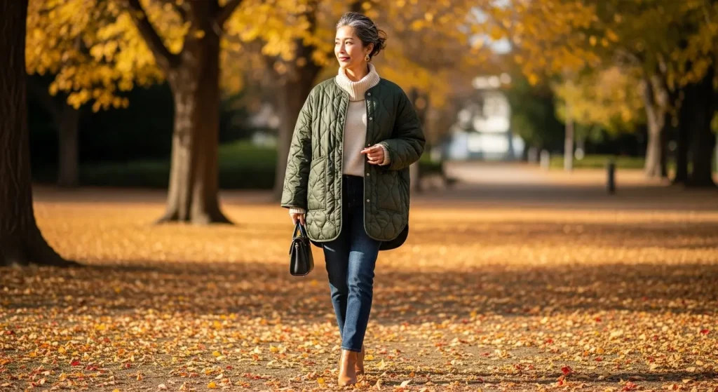 40代・50代秋のコート・羽織りおすすめコーデ　キルティングとツイード