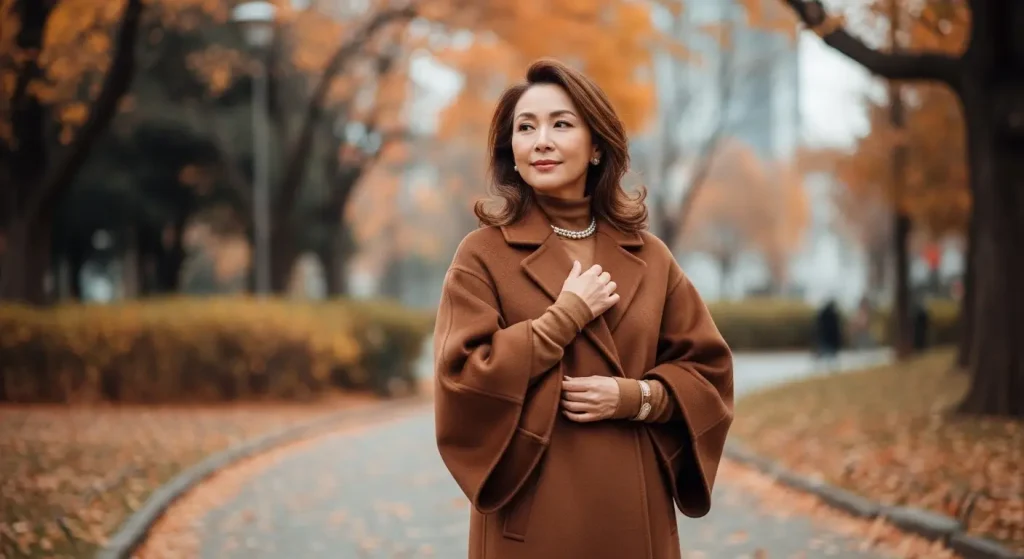 40代・50代秋のコート・羽織りおすすめコーデ　二の腕をカバーするデザイン