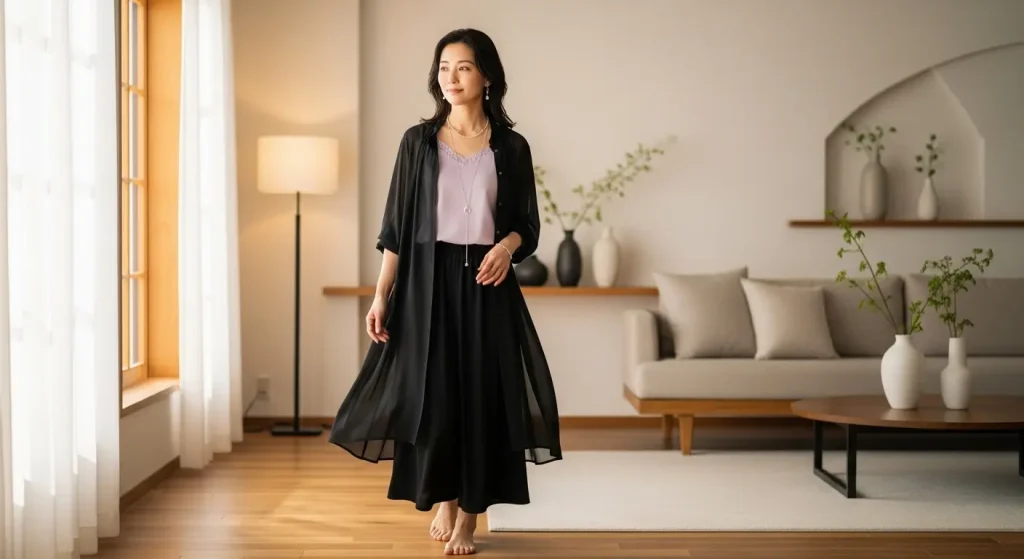 黒が似合わない! Vネックやシアー素材で「抜け感」を演出