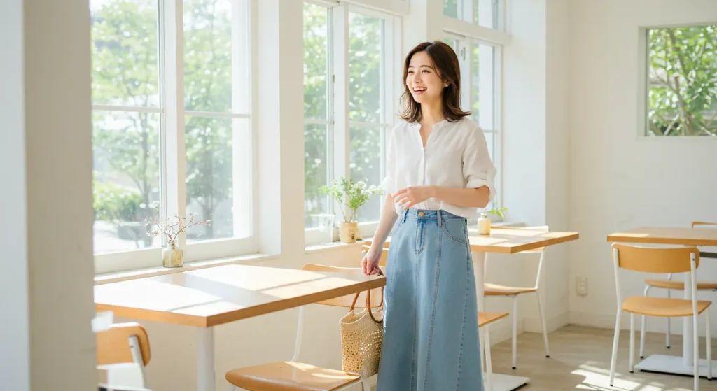 40代50代のきれいめデニムスカートコーデ　春夏を軽やかに見せる着こなし