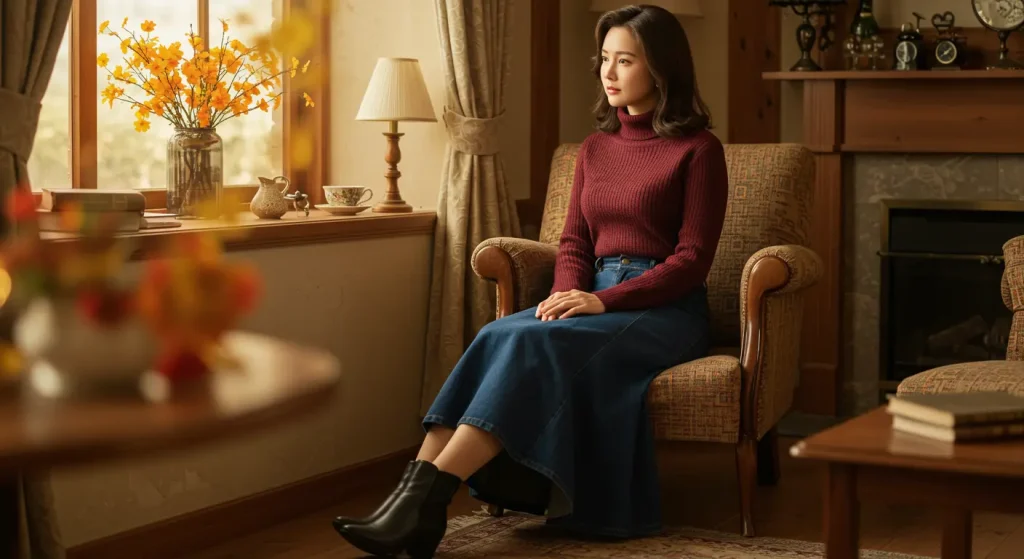 40代50代のきれいめデニムスカートコーデ　秋冬のおしゃれなレイヤードスタイル