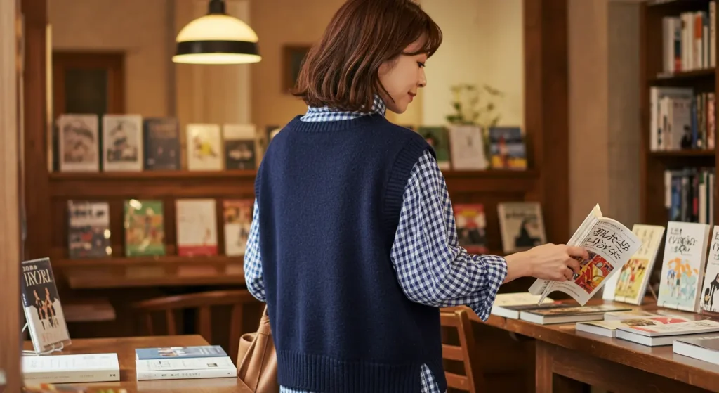 40代50代のギンガムチェックコーデコツ④:レイヤードで柄の分量を調整