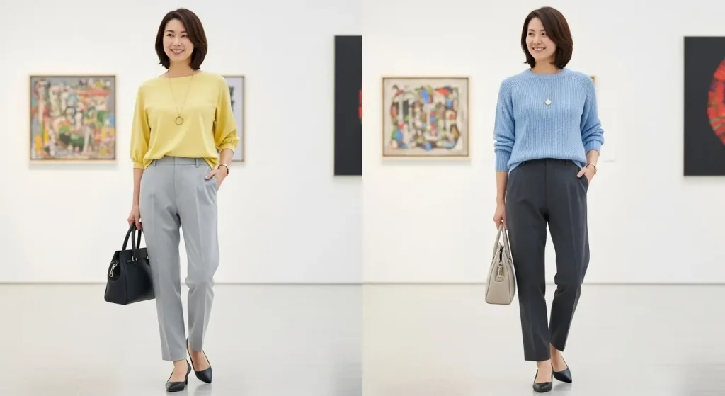 40代・50代女性のグレーパンツコーデ|グレーパンツと相性の良い色合わせ