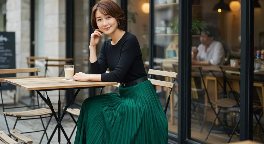 40代・50代が輝くグリーンスカートの上品コーデ