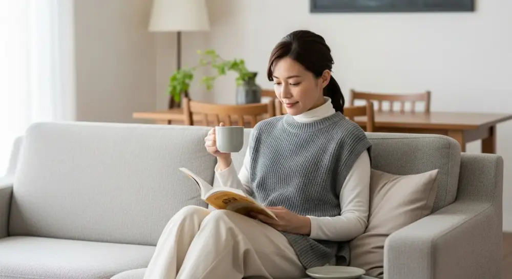 40代・50代のグレーニットとベストの上品コーデ