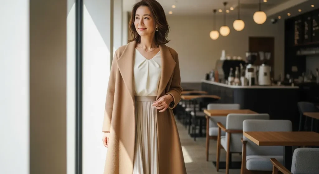 40代・50代のショートコート選び方
インナーは同系色でスタイルアップ