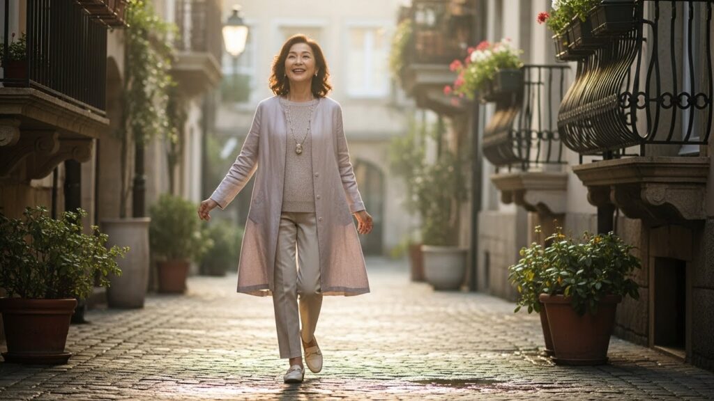 楽しそうに歩くシニア女性