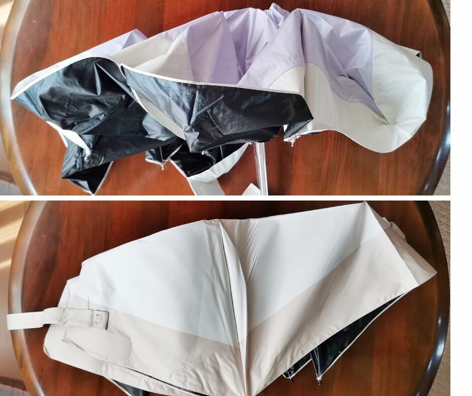 上は普通の折り畳み傘。下は3秒でたためる日傘