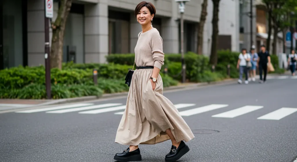 厚底ローファーで叶える40代50代女性の大人カジュアルスタイル 40代・50代向け厚底ローファーコーデ