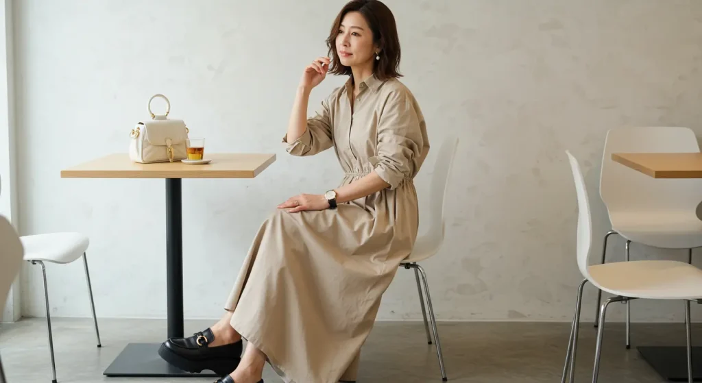 厚底ローファーで叶える40代50代女性の大人カジュアルスタイル ワンピースでつくる簡単おしゃれスタイル
