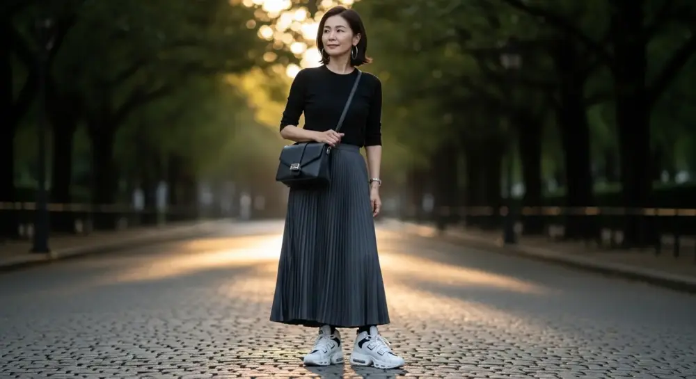 40代・50代のプリーツスカートは痛い?ハイテクスニーカーで外す大人のカジュアル技