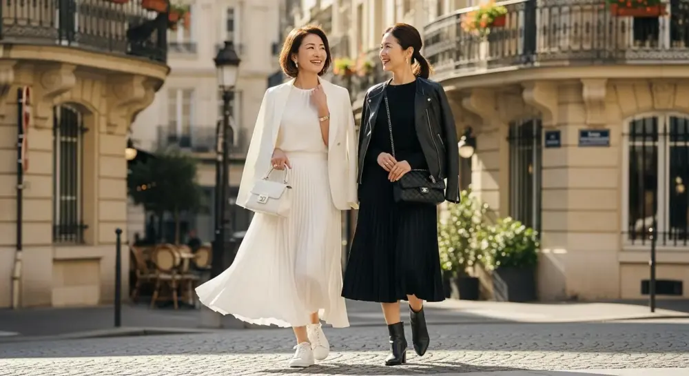 40代・50代向けプリーツスカートコーデ!黒と白の攻略法