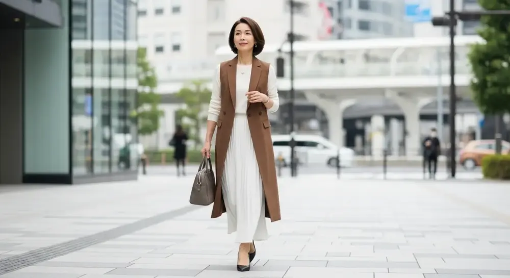 40代・50代のプリーツスカートは痛い?白スカートの膨張は縦ラインとジレで解消する