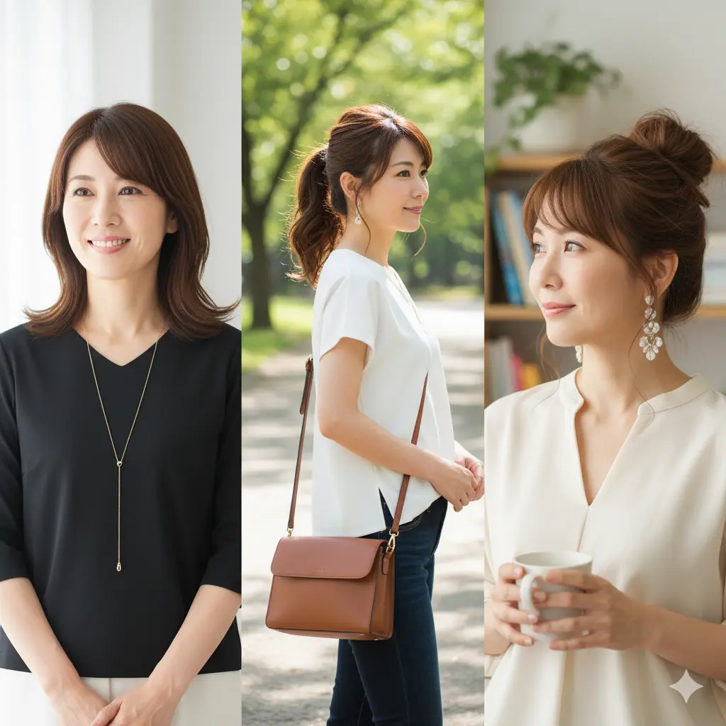 肩幅が広い女性：小物と髪型で、もう一歩先の素敵へ