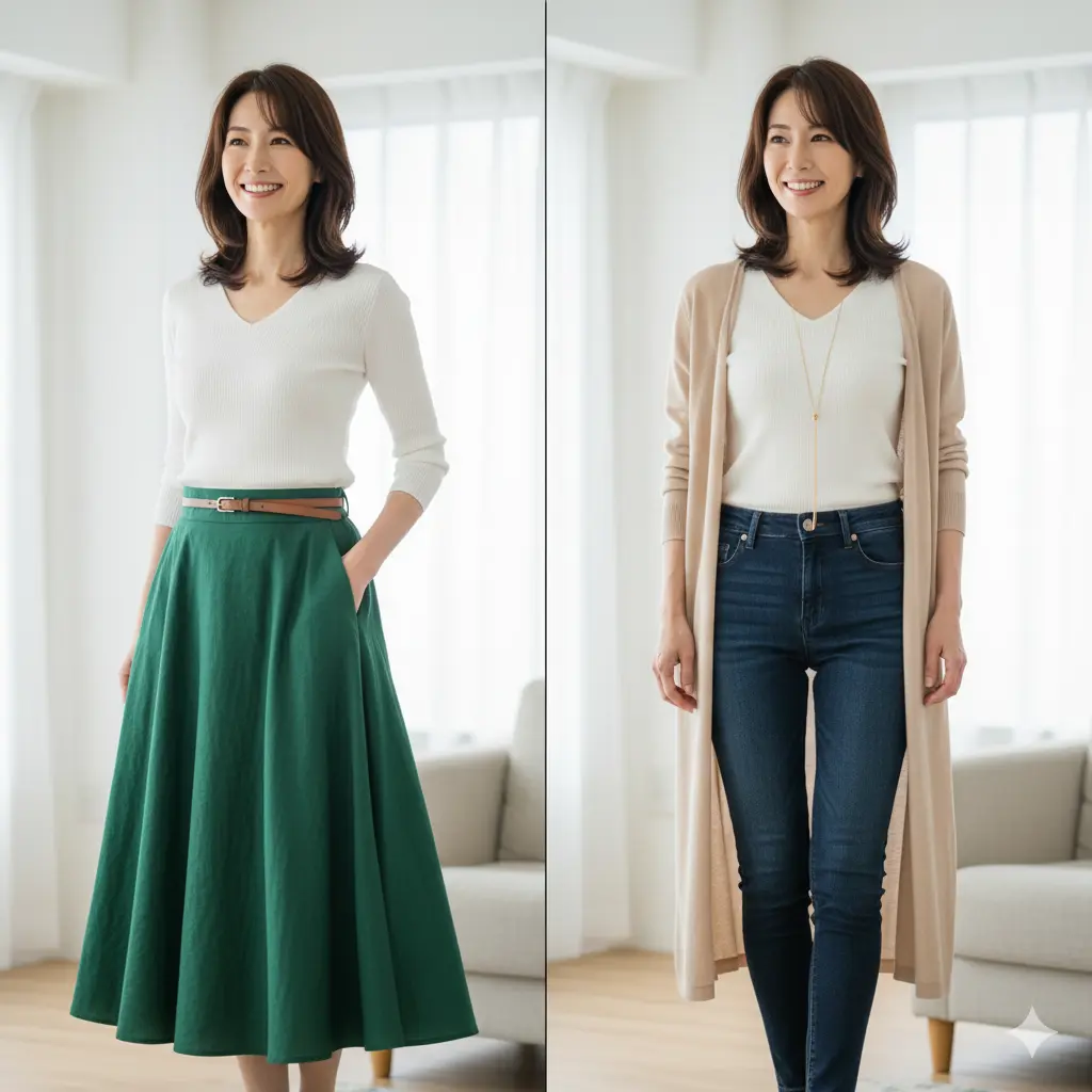 肩幅が広い女性：全体の印象を整えるボトムスの役割