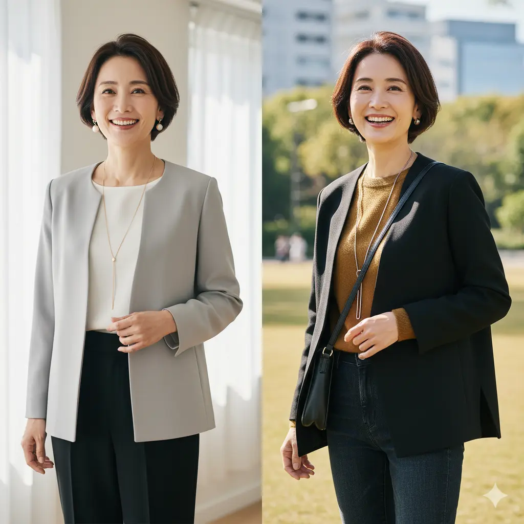 肩幅が広い女性：コーディネートの仕上げ、アウター選び