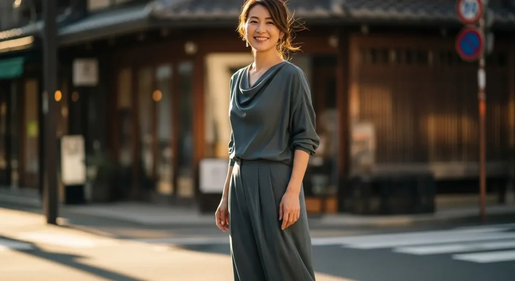 40代・50代のとろみ素材コーデ。ブラウスとパンツで上品に 40代・50代のとろみ素材コーデ