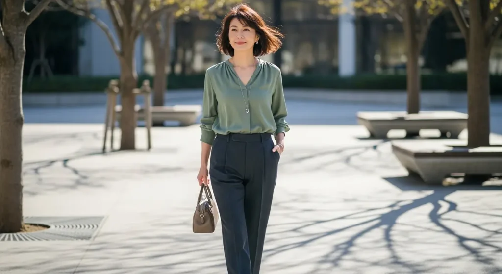 40代・50代のとろみ素材コーデ。ブラウスとパンツで上品に 40代・50代が陥る「だらし見え」