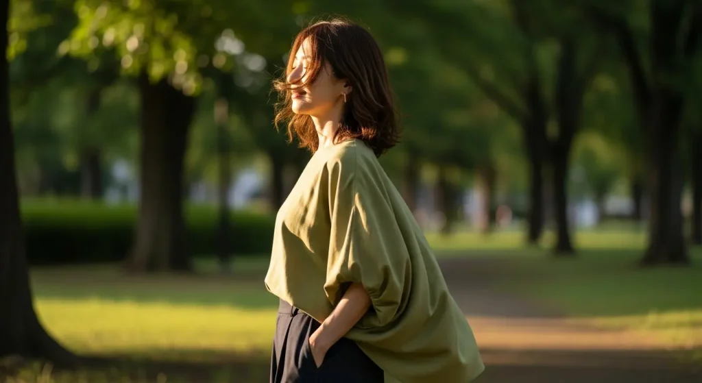 40代・50代のとろみ素材コーデ。ブラウスとパンツで上品に 体型カバーは「隠す」より「流す」