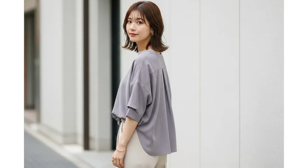 40代・50代のとろみ素材コーデ。ブラウスとパンツで上品に 「前だけイン」で脚長効果