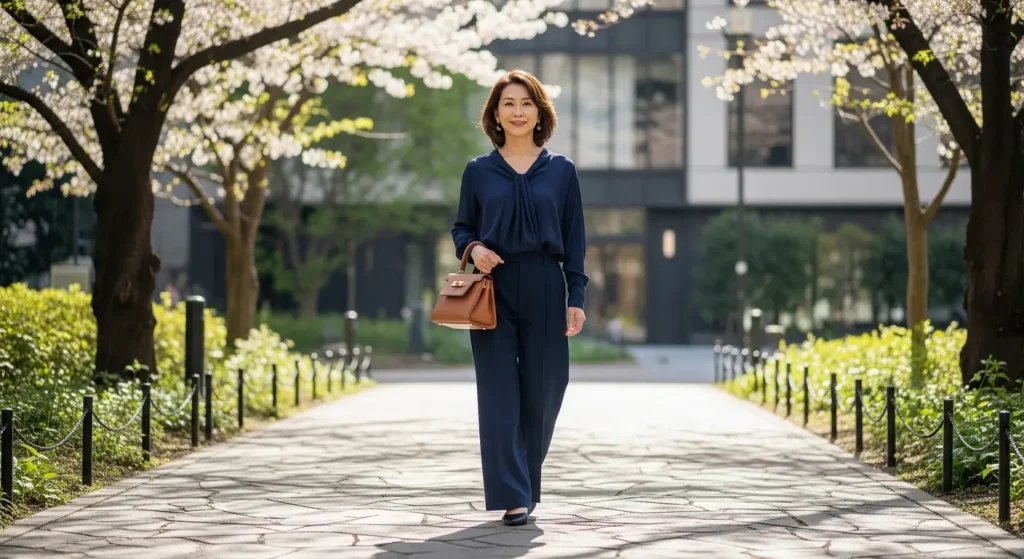 40代・50代のとろみ素材コーデ。ブラウスとパンツで上品に