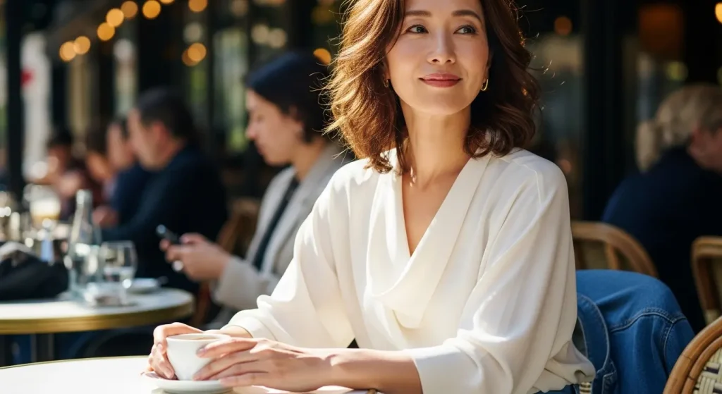 40代・50代のとろみ素材コーデ。ブラウスとパンツで上品に とろみブラウスの着こなし