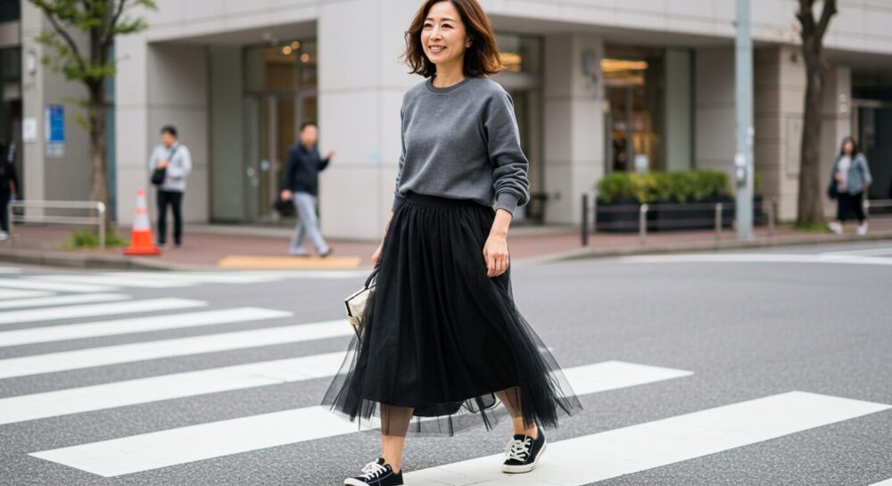 40代・50代の痛くないチュールスカートコーデ スニーカーでカジュアルダウン