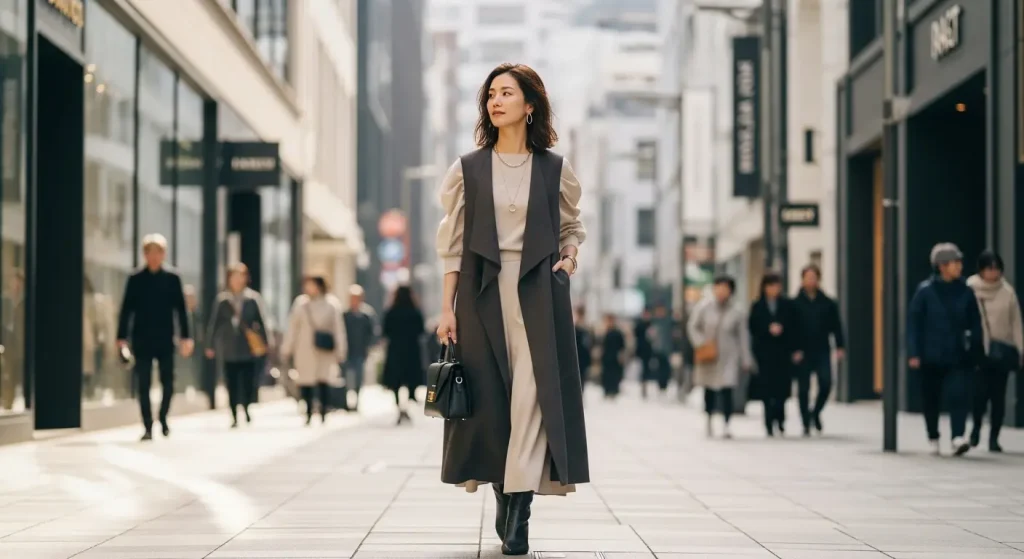 春冬別!ボリューム袖のアウターどうする問題の解決策 解決策1:袖を「見せる」ジレ・ベストコーデ