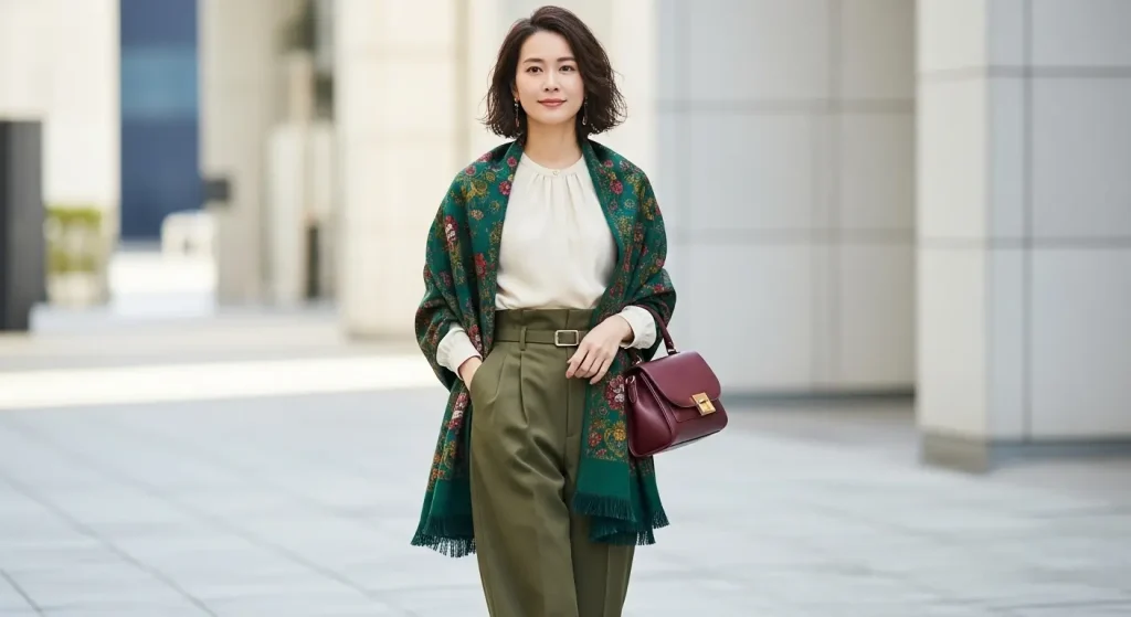 春冬別!ボリューム袖のアウターどうする問題の解決策 解決策2:袖ごと「包む」ストール&ポンチョ